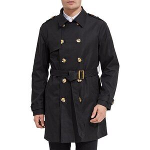 🆕 Men Black Long Double Breasted Trench Coat Belt Light Lape Windbreaker Design